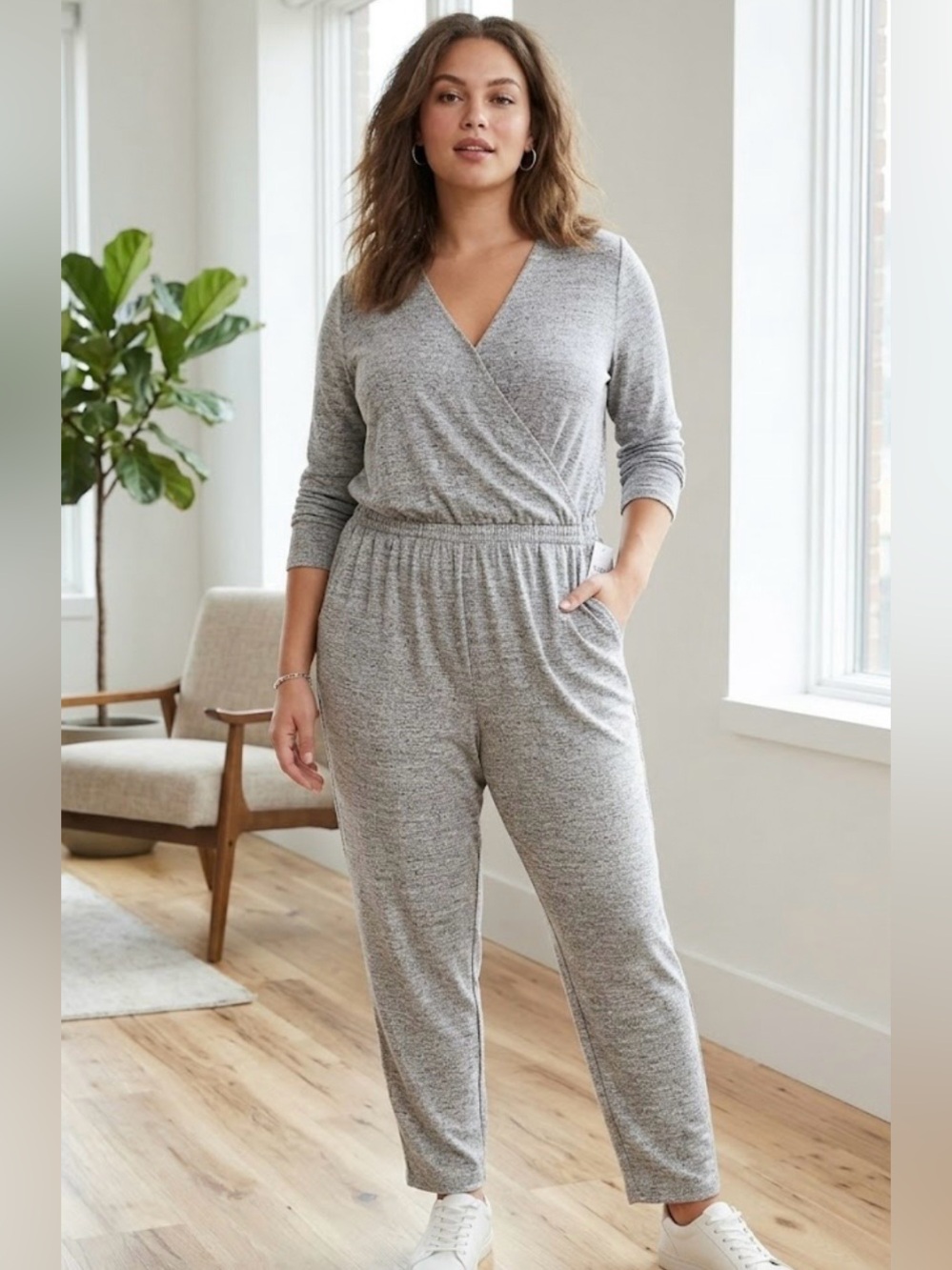$80 New Loft Women’s Large L Heather Gray Wrap Top Tapered Leg Jumpsuit Stretch
